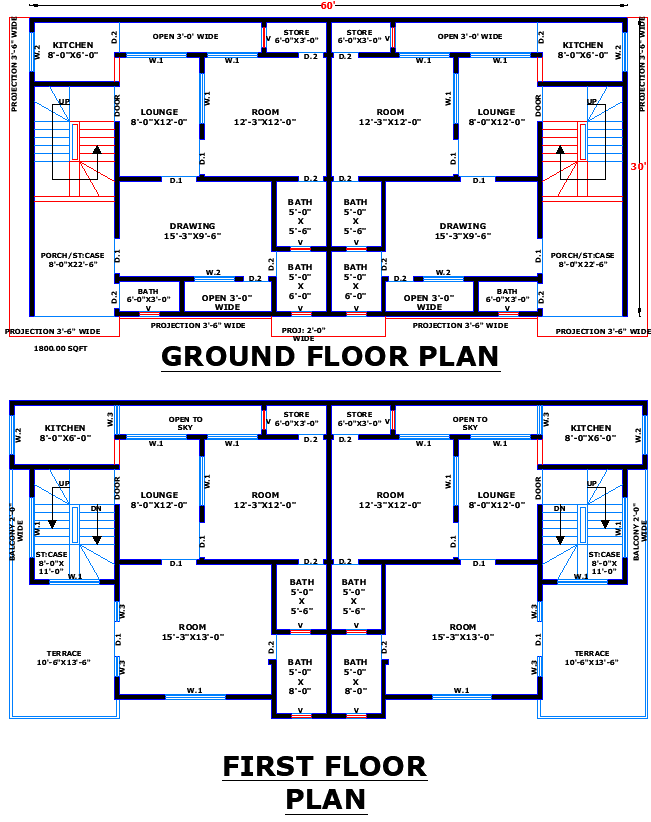 60x30 Duplex House Plan Ground with AutoCAD DWG Format