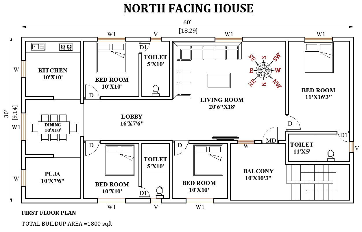 60’x30’ north facing house plan is given in this Autocad drawing file. Download now.