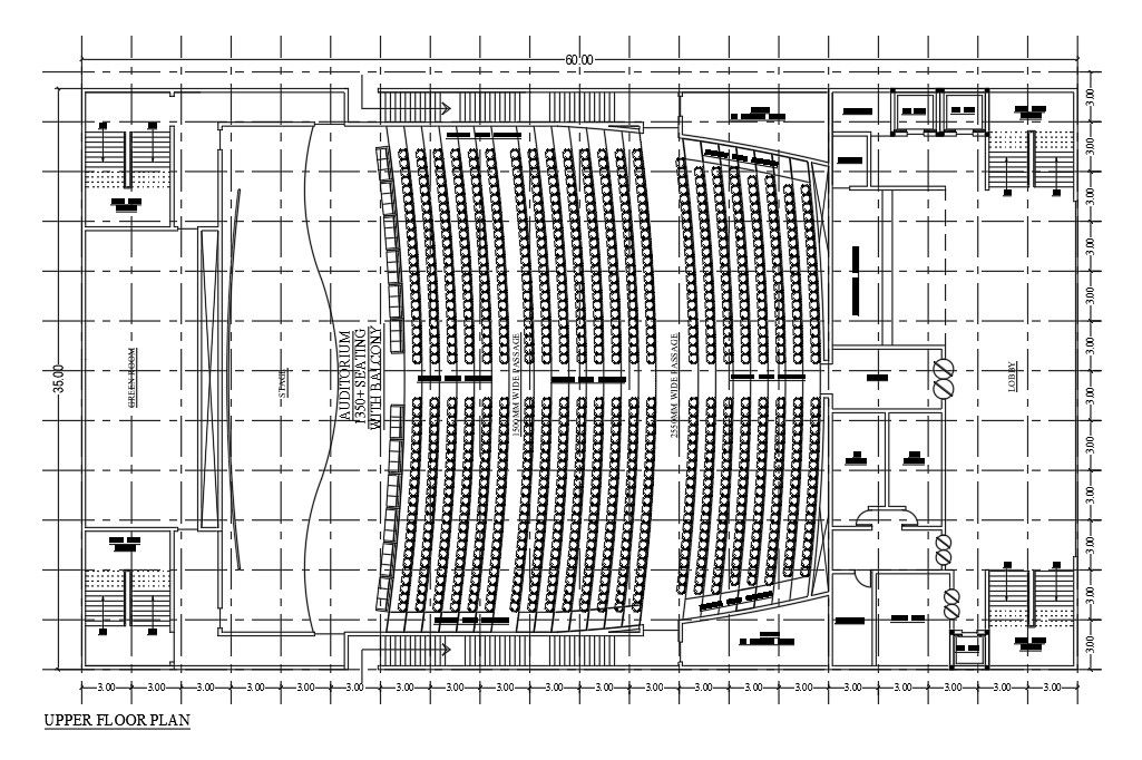 60x35m engineering college auditorium upper floor plan is given in this AutoCAD drawing model. Download now.
