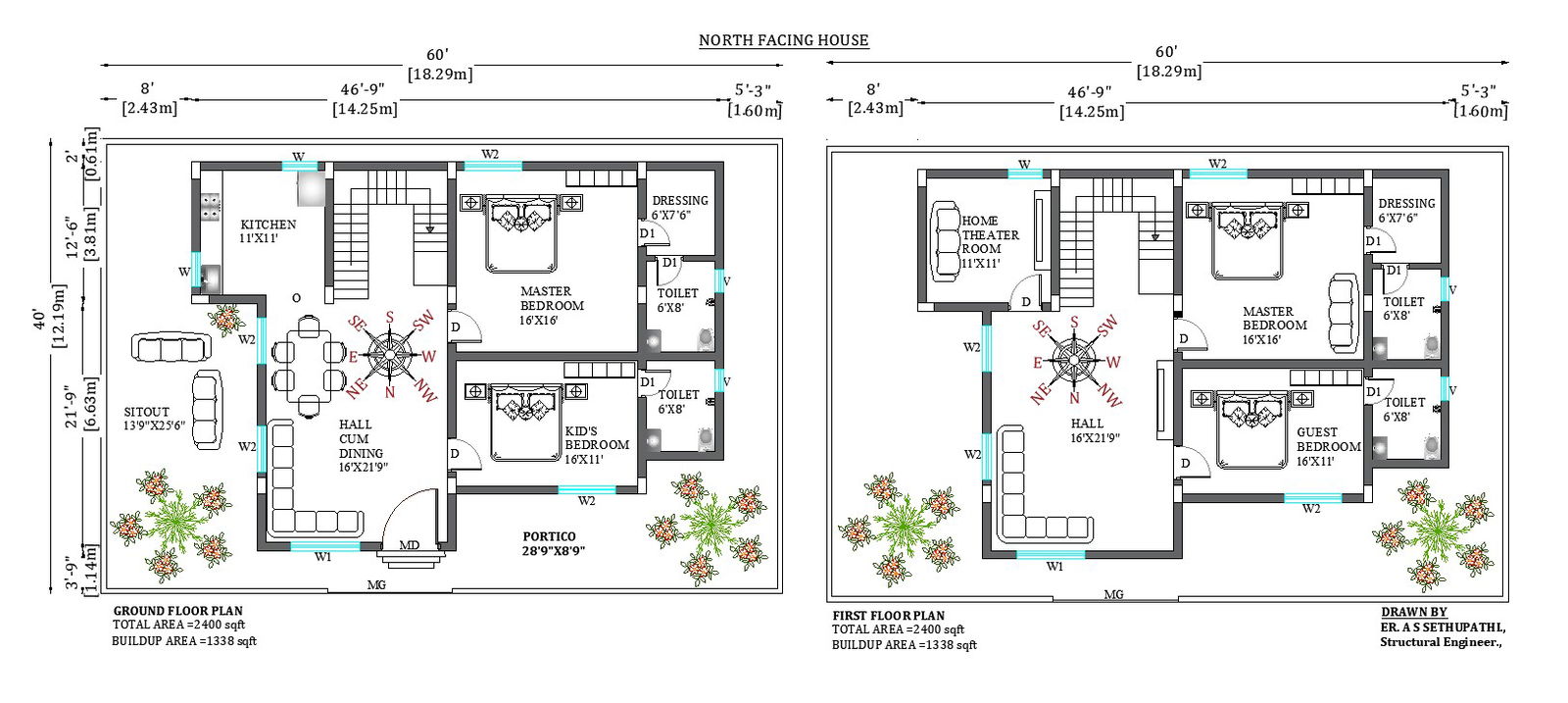 60’x40’ Amazing G+1 North facing house floor plan.Download the free 2D Autocad drawing file.