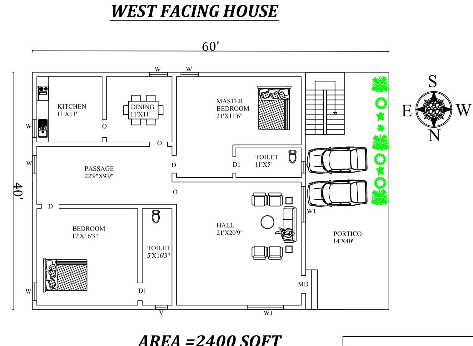 60'x40' Marvelous 2bhk West facing House Plan As Per Vastu Shastra, Cad Drawing file Details