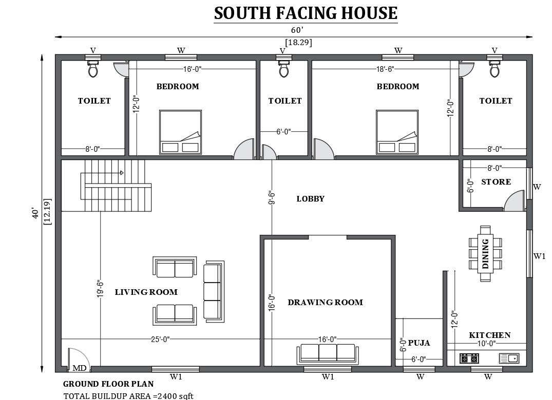 60’x40’ South facing house plan as per vastu shastra is given in this FREE 2D Autocad drawing file. Download now.