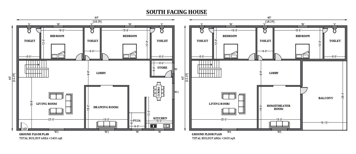 60’x40’ South facing house plan as per vastu shastra is given in this FREE Autocad drawing file. Download now.