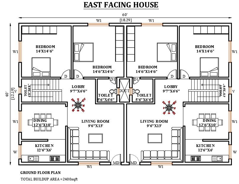60’x40’ east facing house plan is given in this Autocad drawing file. Download now.