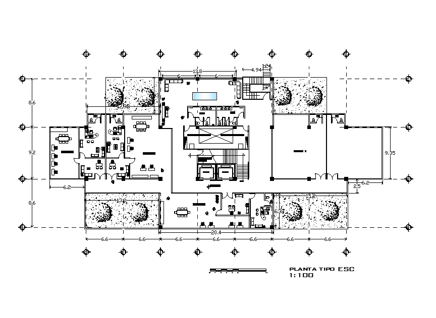 60x40m architecture second floor office plan is given in this Autocad drawing file. Download now.