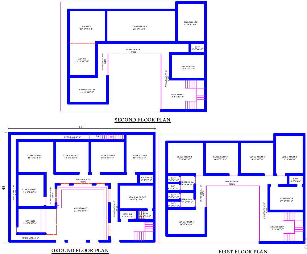 60x45 Educational Building Feet Plan with AutoCAD File