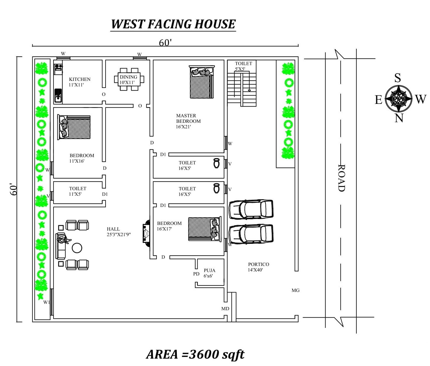 60'x60' Furnished 3BHK West Facing House Plan As Per Vastu Shastra , Autocad DWG file details