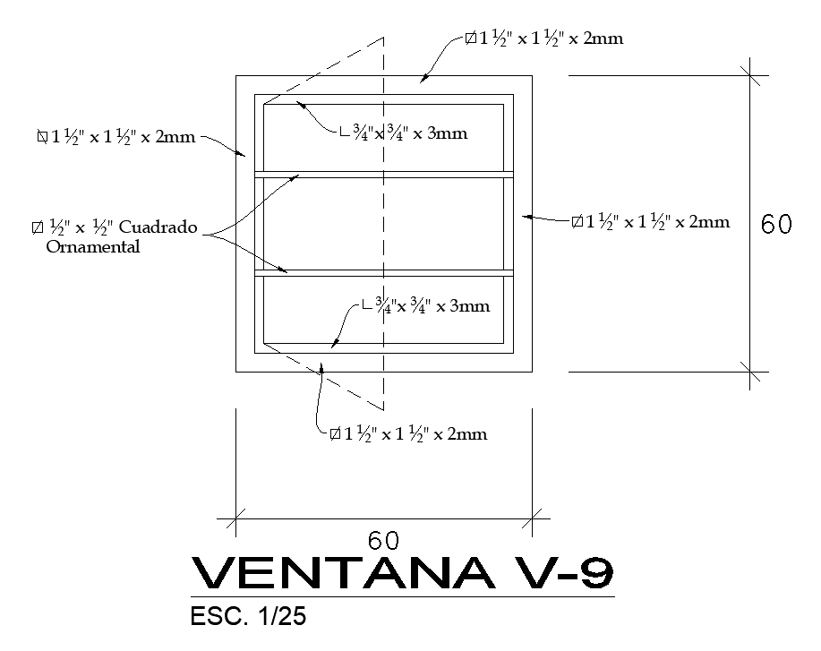 60x60cm window plan AutoCAD drawing is given in this file