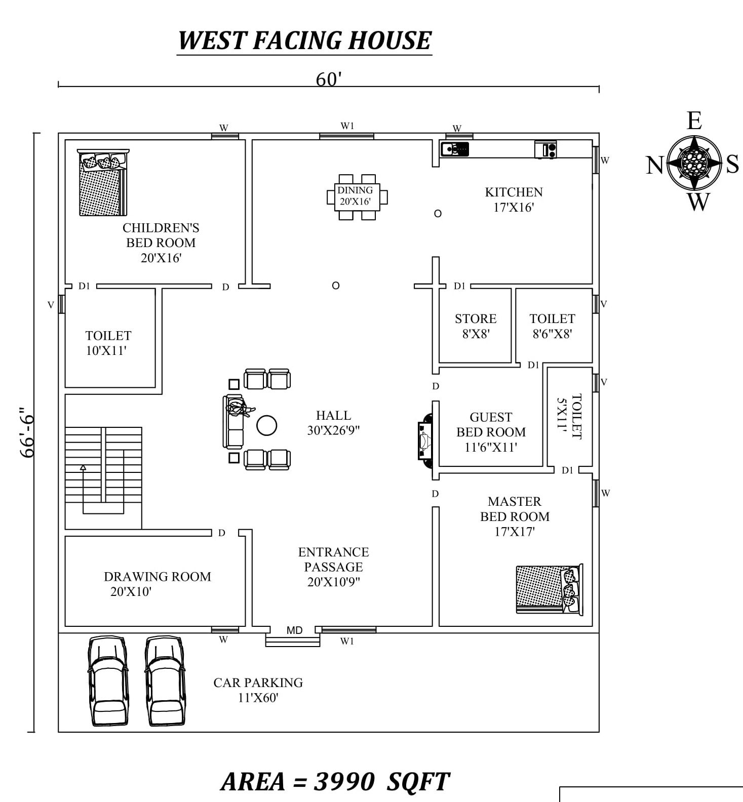 60'x66'6" Beautiful 3bhk West facing House Plan As Per Vastu Shastra, Autocad Dwg and pdf file details