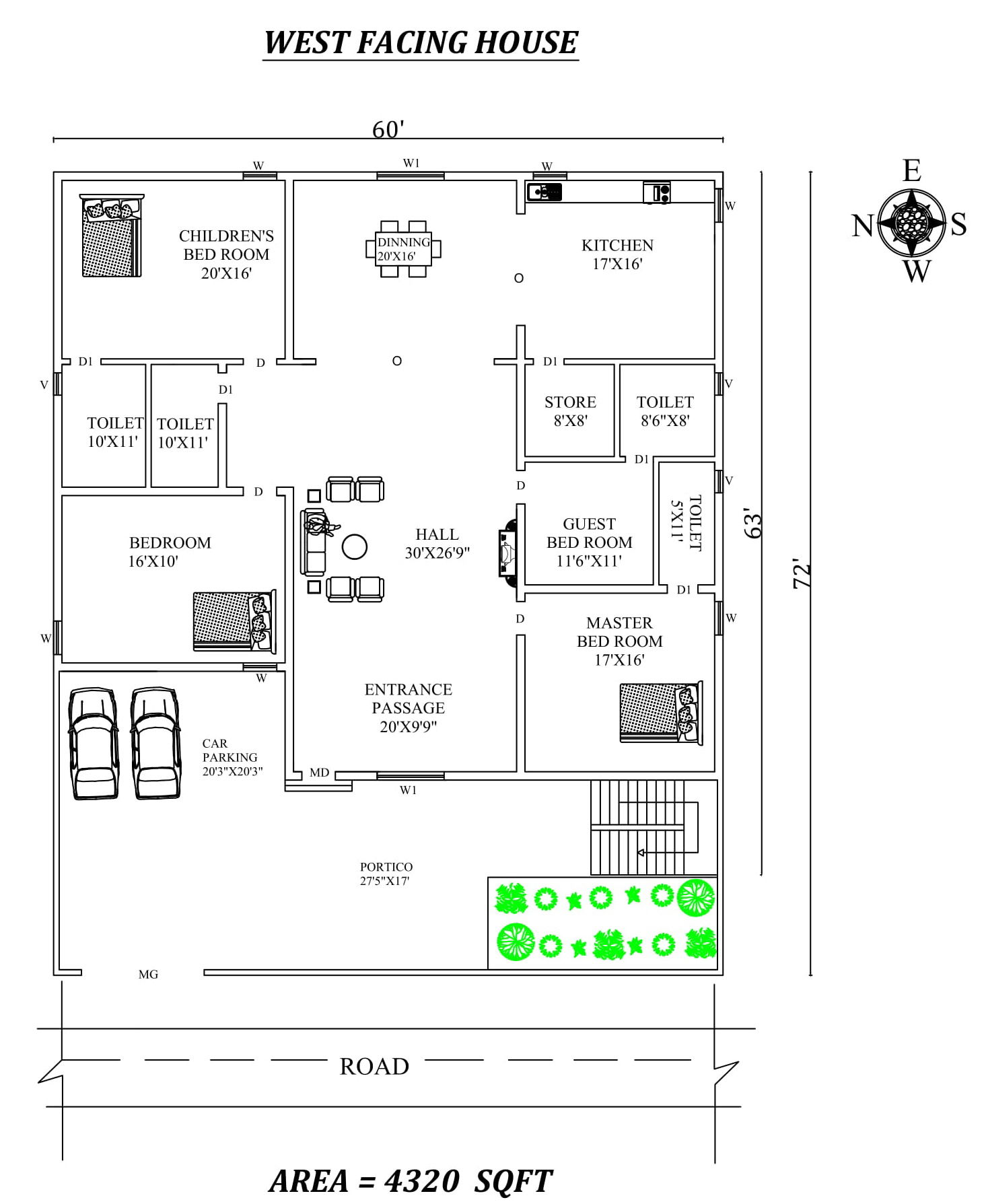 60' X 72' Spacious 3 BHK west-facing House Plan As Per Vastu Shastra, Autocad DWG and PDF file details