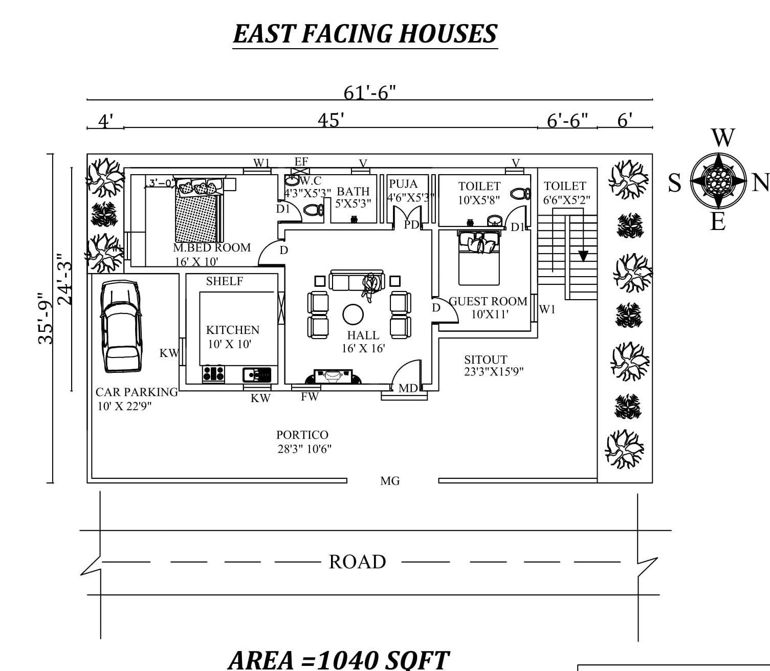  61'6"X35'9"' Awesome Fully Furnished 2bhk East facing House Plan As Per Vastu Shastra,Autocad DWG and Pdf file details.