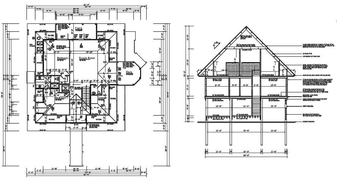 61'X73' Roof House Plan With Section Drawing DWG File