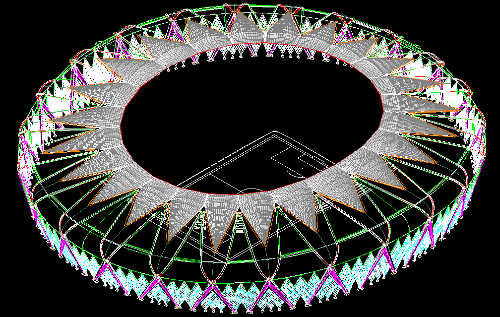 3D Stadium AutoCAD Drawing with Structural Design and Detailing