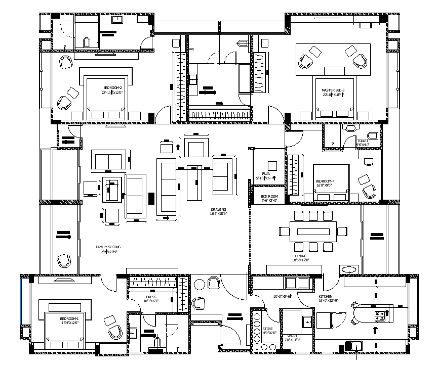 61’x59’ villa plan is given in this AutoCAD drawing model. Download now.