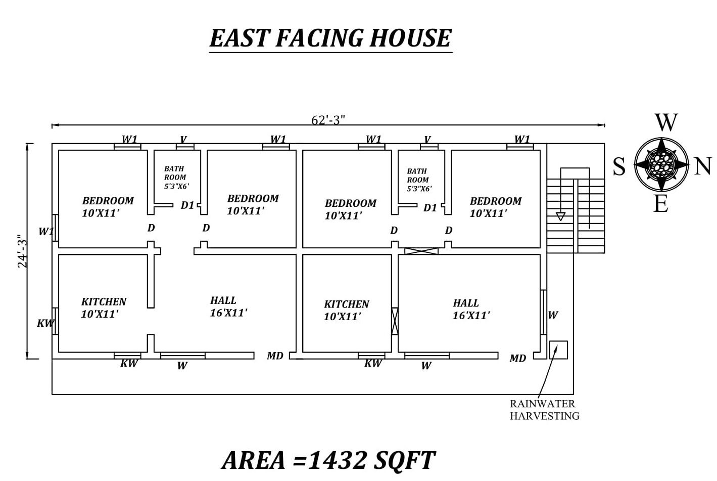 62'3" X24'3" 2bhk East facing Twin House Plan As Per Vastu Shastra. Autocad DWG and Pdf file details.