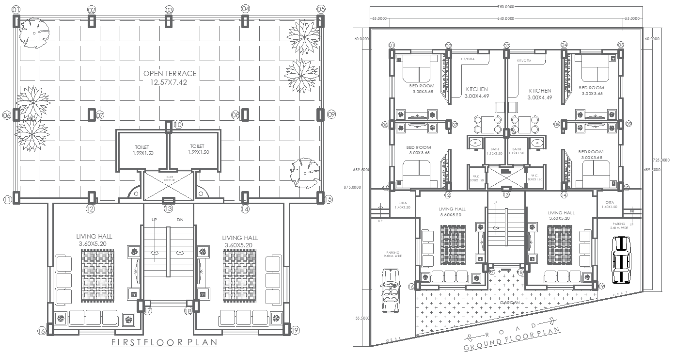 62.6ft x 72.11ft Ground and First Floor 4BHK House Plan – AutoCAD DWG File