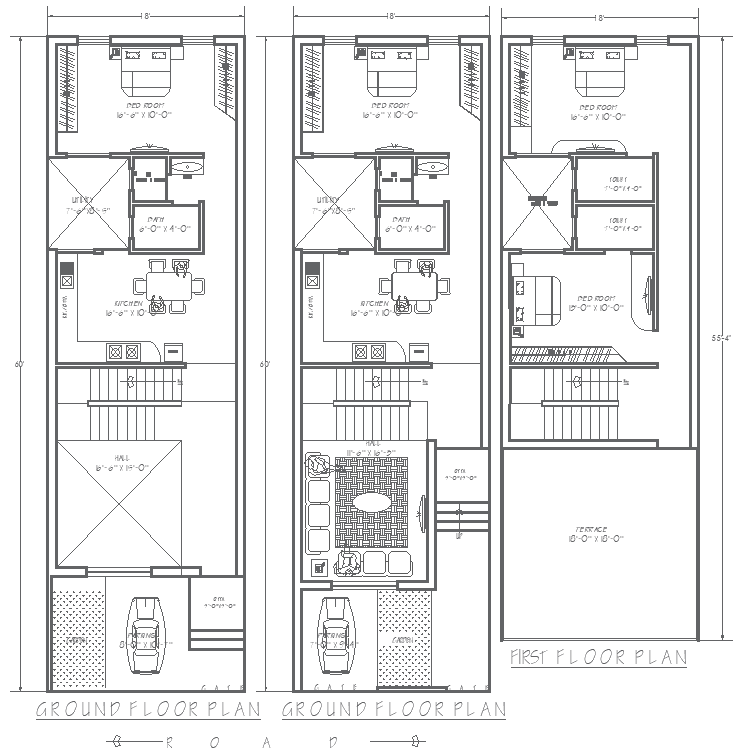 AutoCAD DWG of 62ft×18ft 3BHK House Floor Plan Design