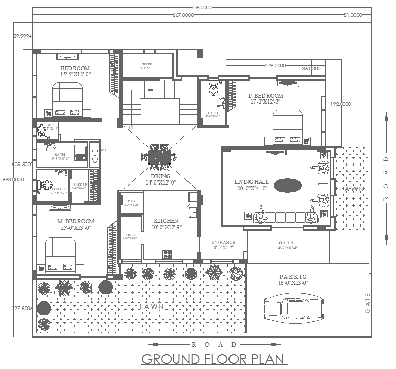 62ft×57ft 3BHK Modern House Layout Plan in DWG Format