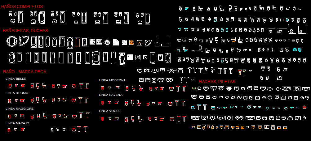 Sanitary CAD Blocks with 2D Bathroom Fixtures and Elevation Details