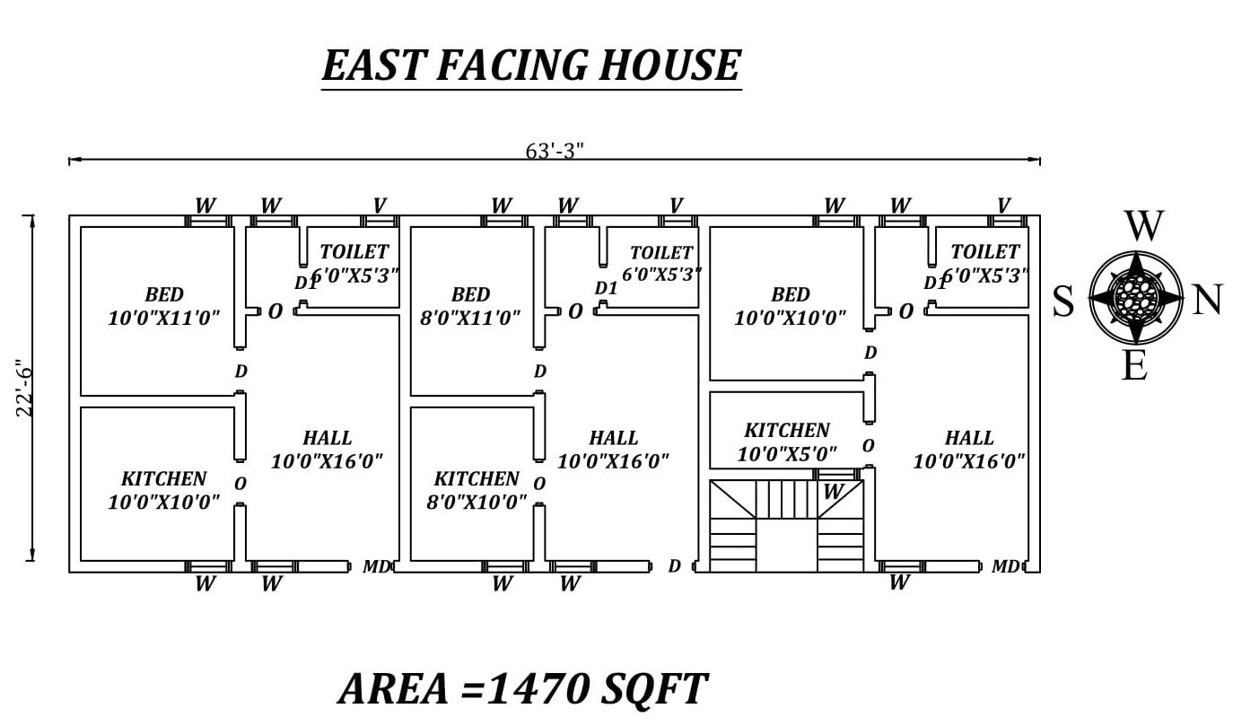 63'3"X22'6" Single bhk East facing Apartment House Plan As Per Vastu Shastra.