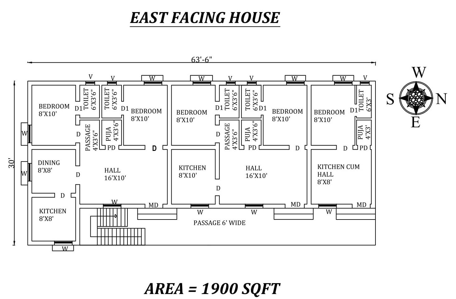 63'6"X30' Amazing 2bhk East facing row House Plan As Per Vastu Shastra,Autocad DWG and Pdf file details.