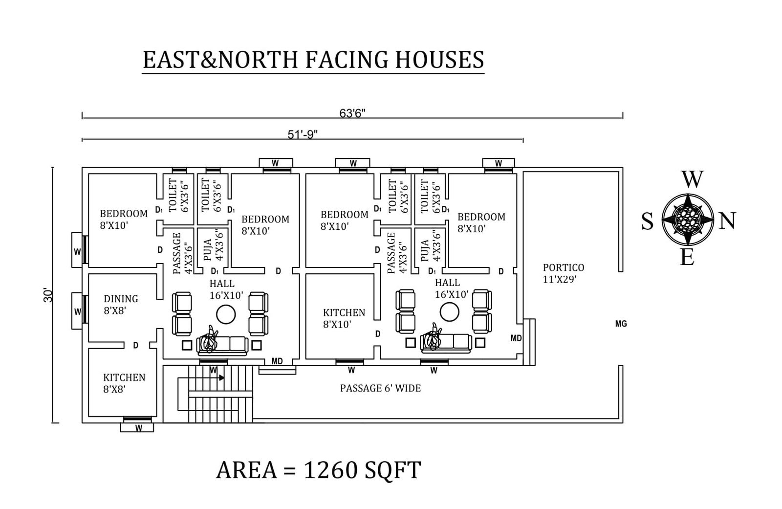 63'6"x 30' Wonderful 2bhk East and North facing Dual House Plan As Per Vastu Shastra, DWG and PDF file Details