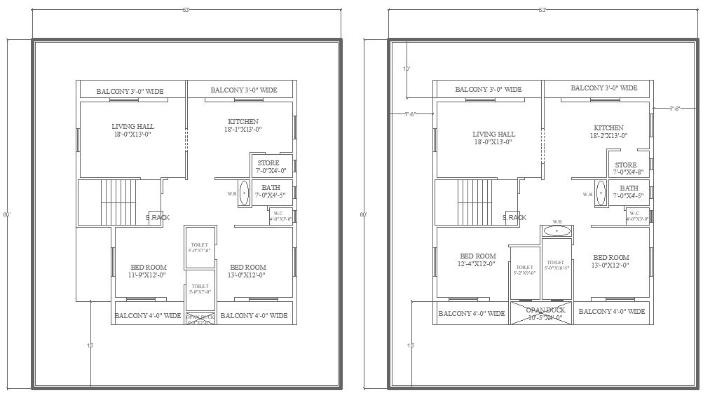 63ft x 60ft 2BHK House Plan Design AutoCAD DWG File