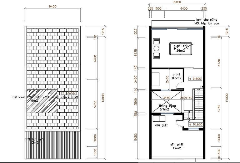 6400x14000mm third floor house plan AutoCAD model