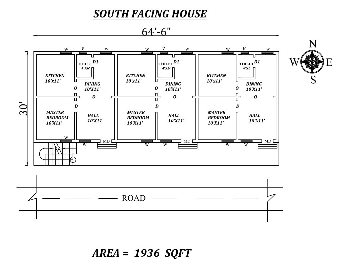 64'6" X30' Single bhk south-facing row House Plan As Per Vastu Shastra,Autocad DWG and Pdf file details.
