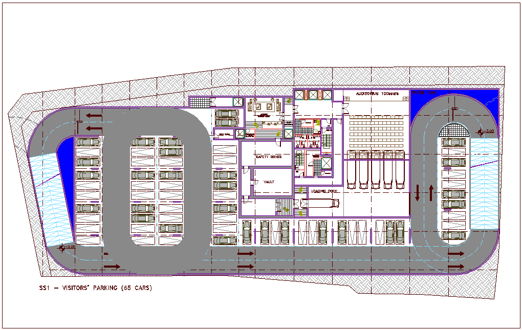 65 car parking basement view for bank head quarter dwg file