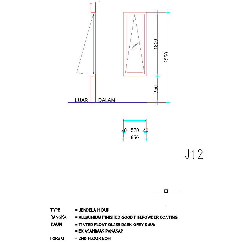 650×1800 sized window design is given in AutoCAD drawing, CAD file, dwg file