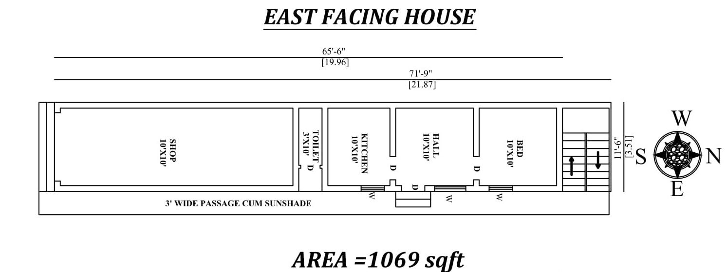 65'6"X11'6" Single bhk East facing House Plan with shop As Per Vastu Shastra.Autocad DWG and Pdf file details.
