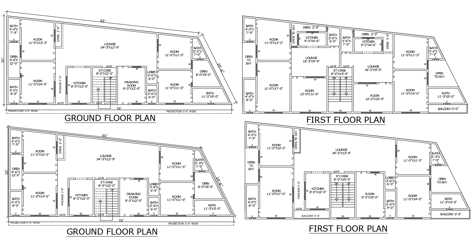 AutoCAD DWG Design of 65ftx30ft Two Type House Plan