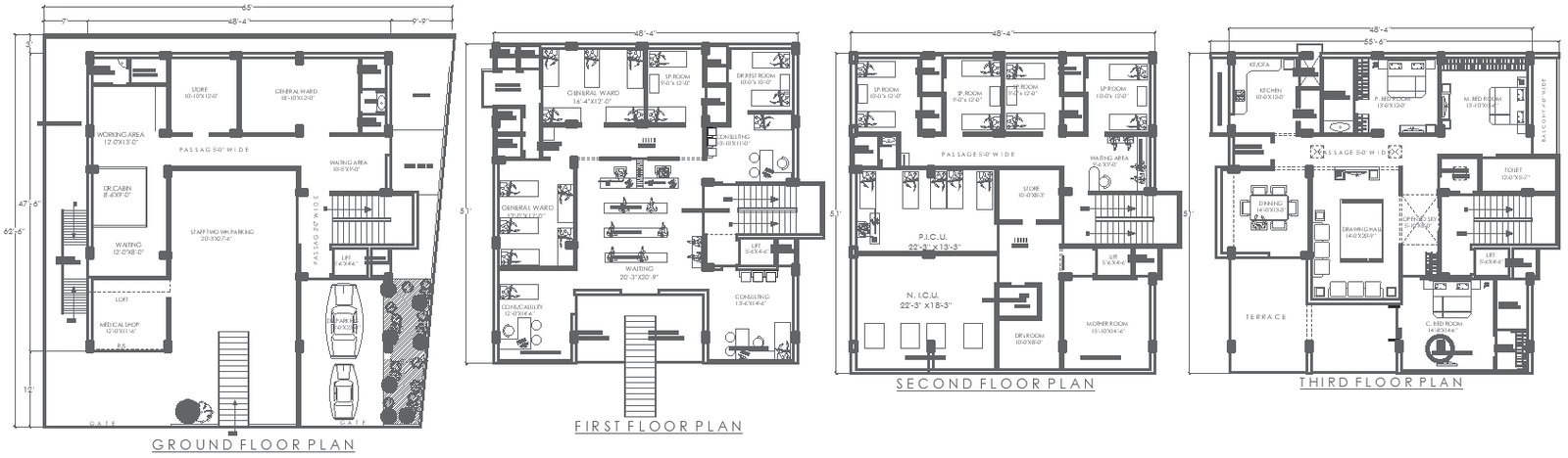 65ft x 62.6ft Ground, First, and Second Floor Hospital Layout with Third Floor 3BHK House Plan - AutoCAD DWG