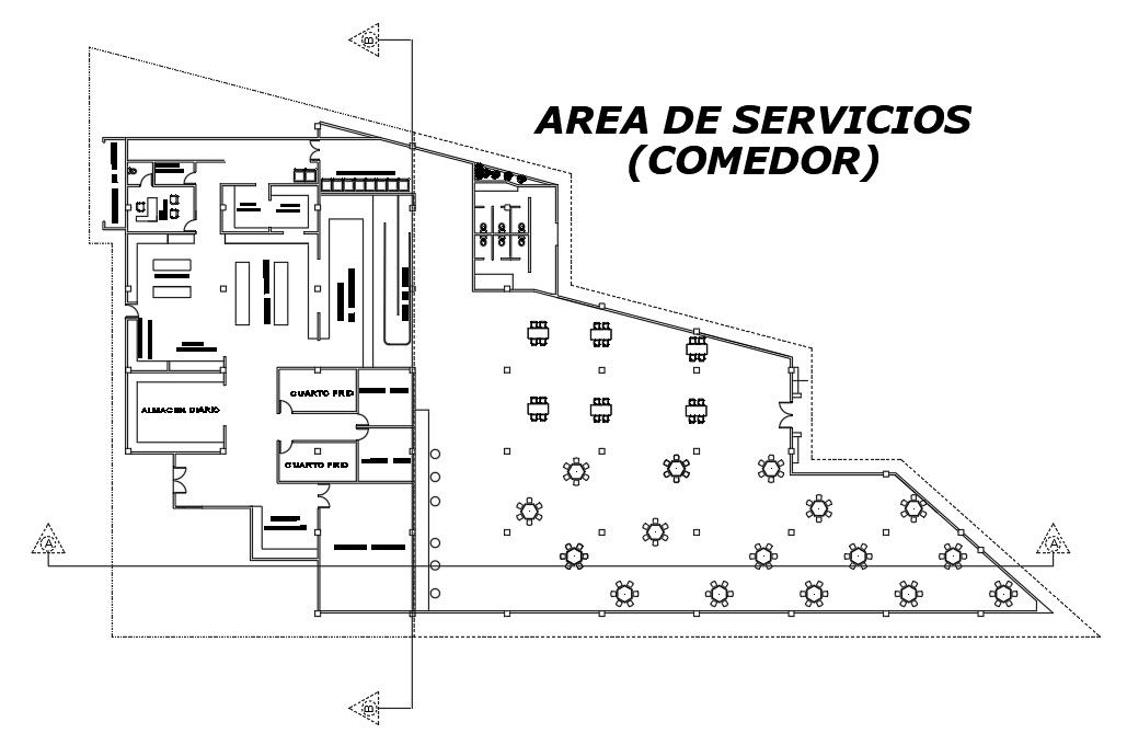65x32m restaurant plan is given in this AutoCAD drawing model. Download now.