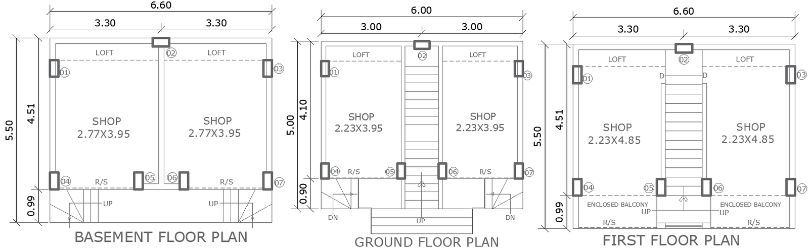 6.60m x 5.50m Basement, Ground & First Floor Shop Layout Design | AutoCAD DWG File
