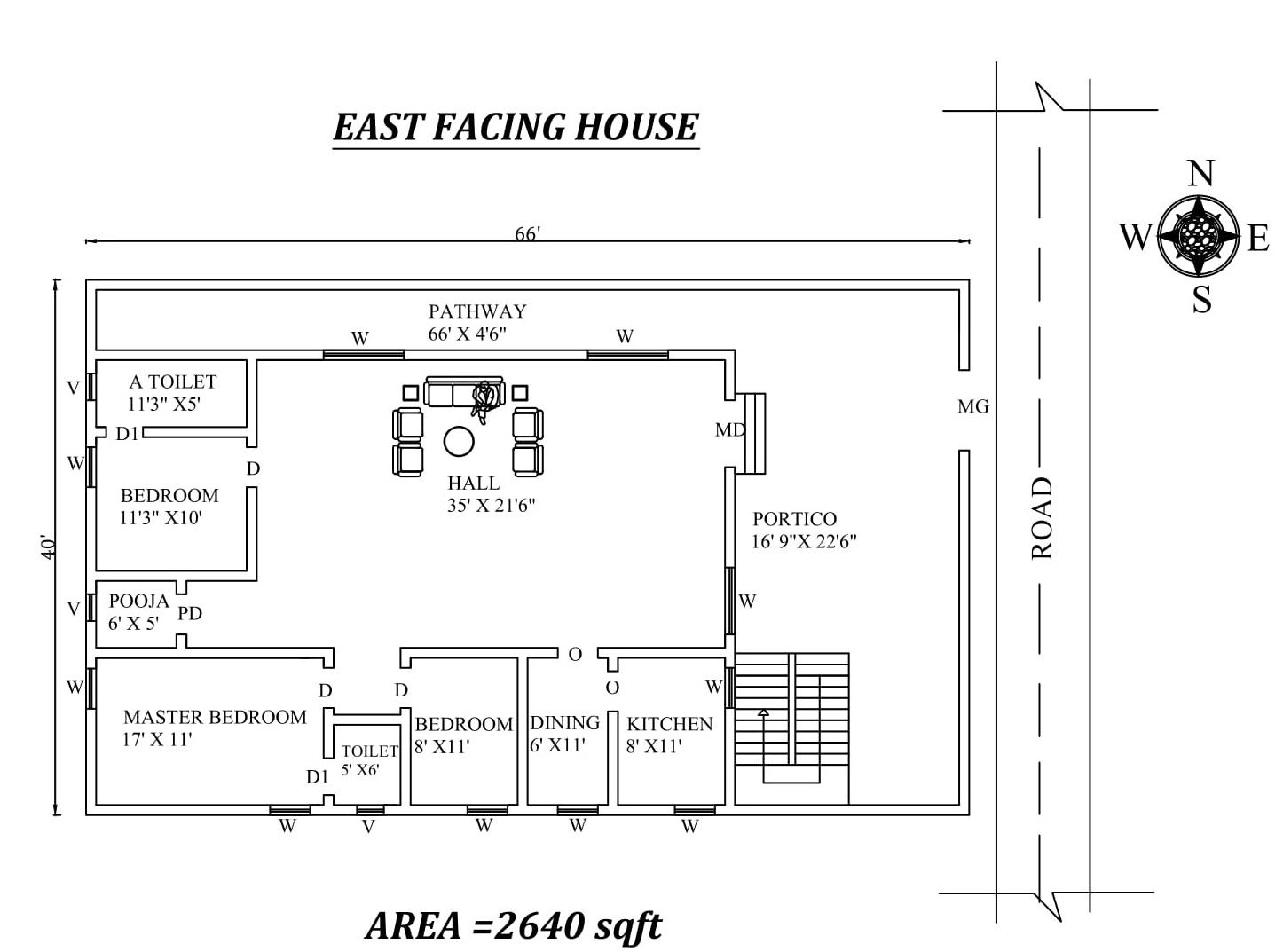 66'X40' Superb East Facing 3BHk House Plan As Per Vasthu Shastra,Autocad DWG and Pdf file details.