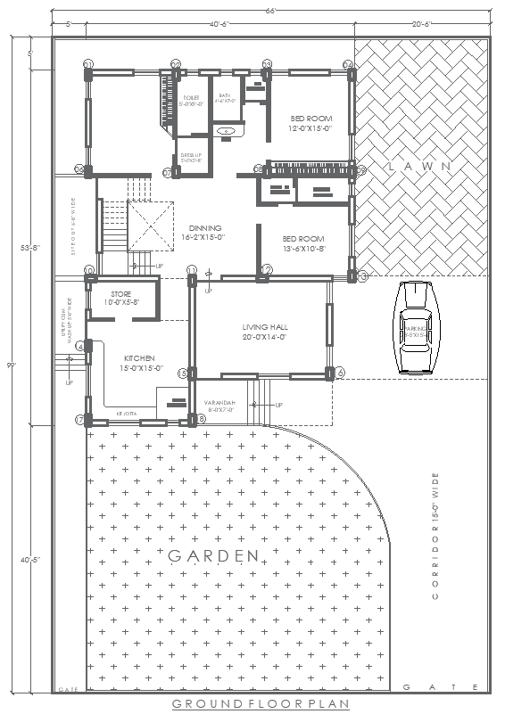 Ground Floor 2BHK Plan with Garden Layout 66ftx99ft DWG File