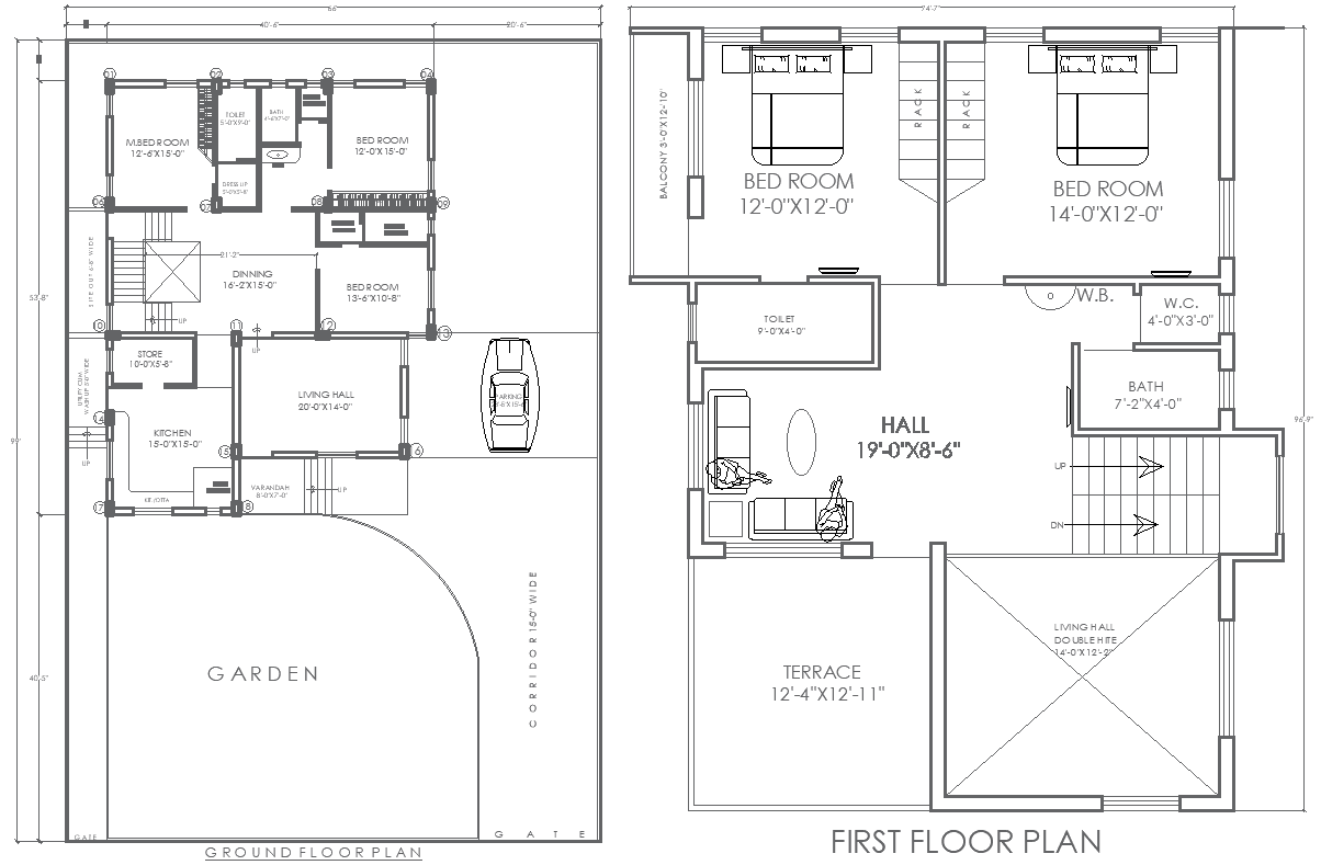 66ftx99ft Two Floor Residential House Plan Design DWG File