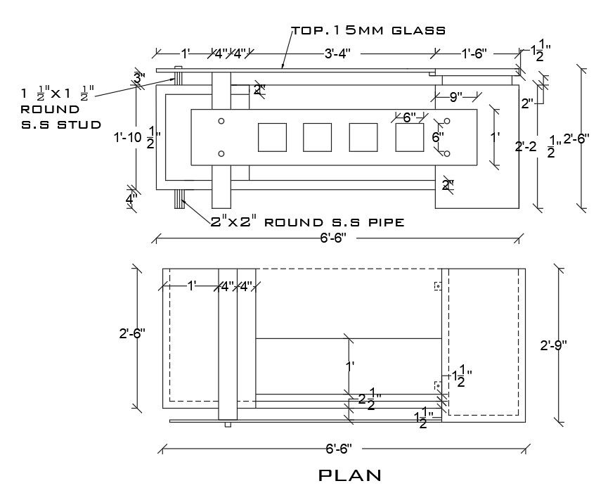 6ft6in x 2ft6in Office Table AutoCAD DWG Plan with Glass Top