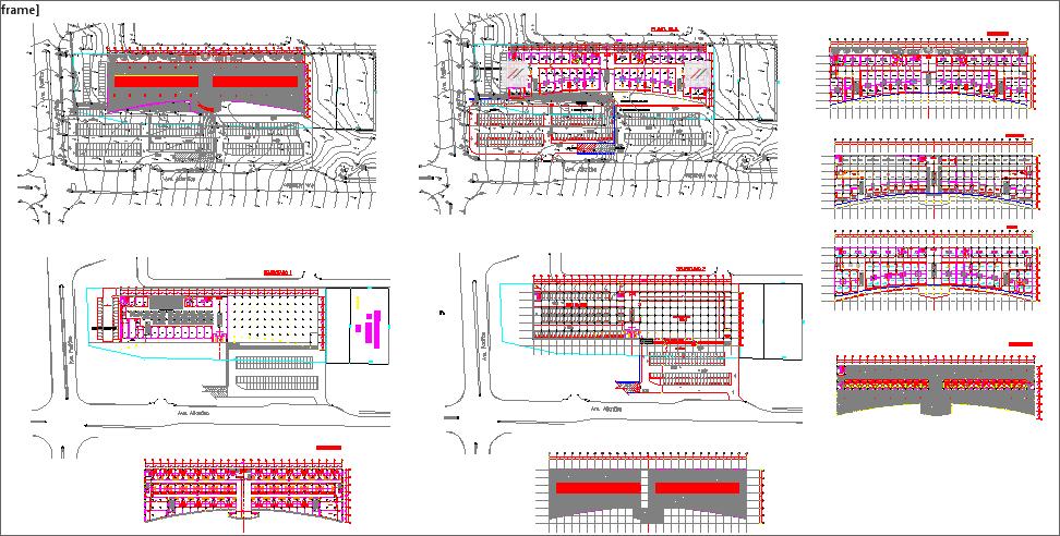 Commercial building layout plan with parking zones and grid details