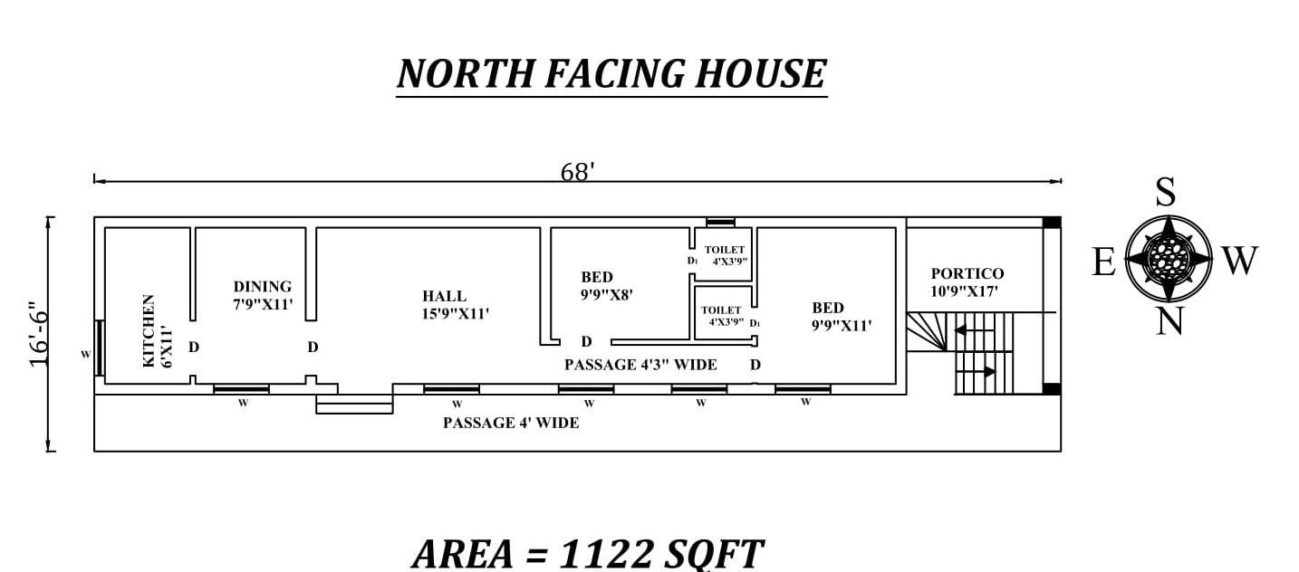 68' X 16'6" 2BHK North facing House Plan As Per Vastu Shastra.Autocad DWG and Pdf file details.