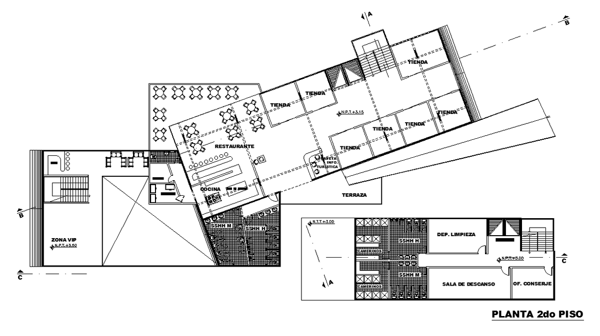 68x32m second floor commercial shop plan is given in this AutoCAD model. Download now.