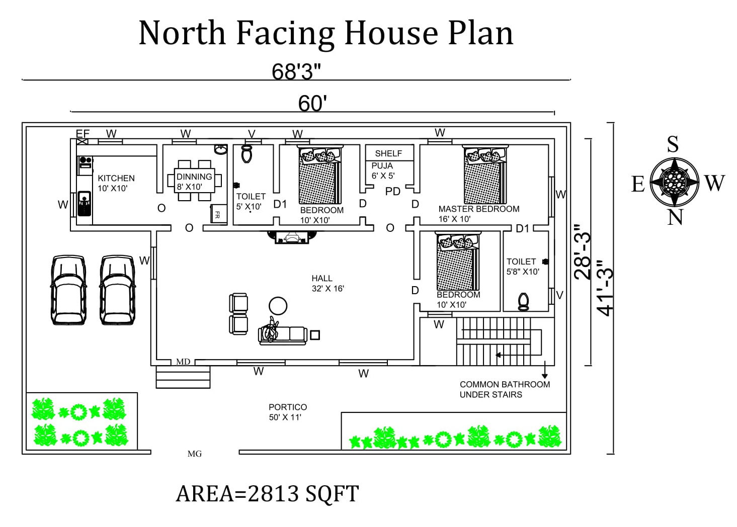 68'x41' Splendid Fully Furnished 3BHK North Facing House Plan As Per Vasthu Shastra , Autocad Drawing file details
