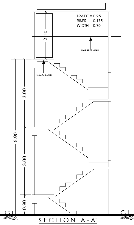 6.90m x 3.50m Stairs Section Layout with Parapet DWG File