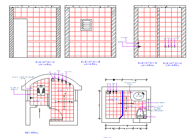 Toilet Layout and Elevation Design with Sanitary and Door Details