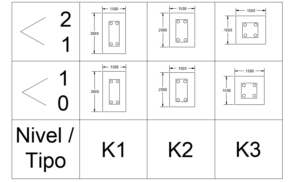6 different size columns cross section 2d drawing is given
