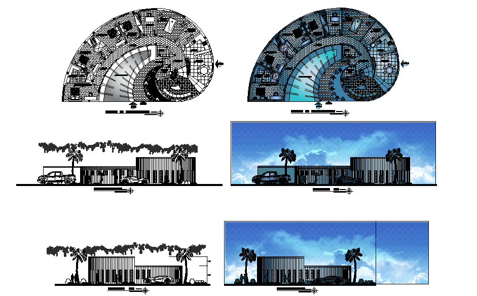 Modern bungalows design DWG with layout elevation and 3D view plan