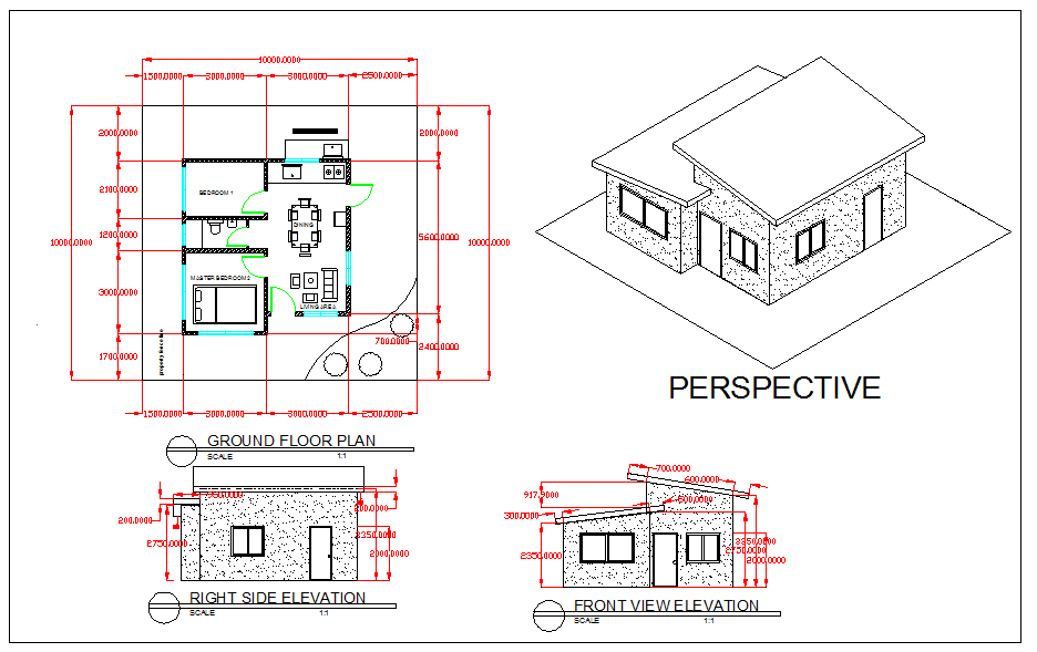 2D Perspective View of House Plan in AutoCAD DWG Drawing