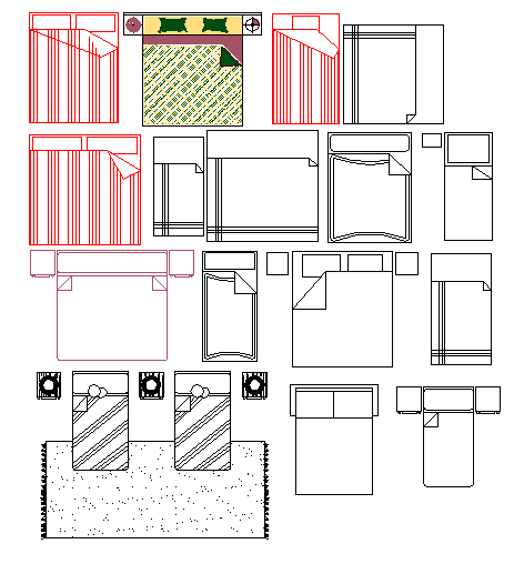 Bedroom furniture CAD blocks with bed designs for interior planning